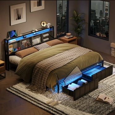 Bestier King Bed with Upholstered Headboard, Hidden Stoarge Compartment, 2 Dust-proof Drawers | Platform Bedframe with Led Lights & Charging Station,  Black