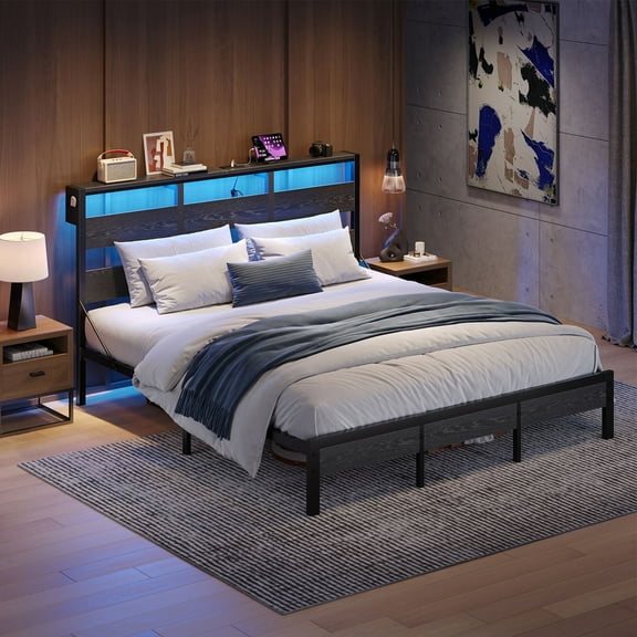 Bestier King Size Platform Bed Frame with Storage Headboard, LED Lights & USB Charging Station, Metal Bed Frame Black