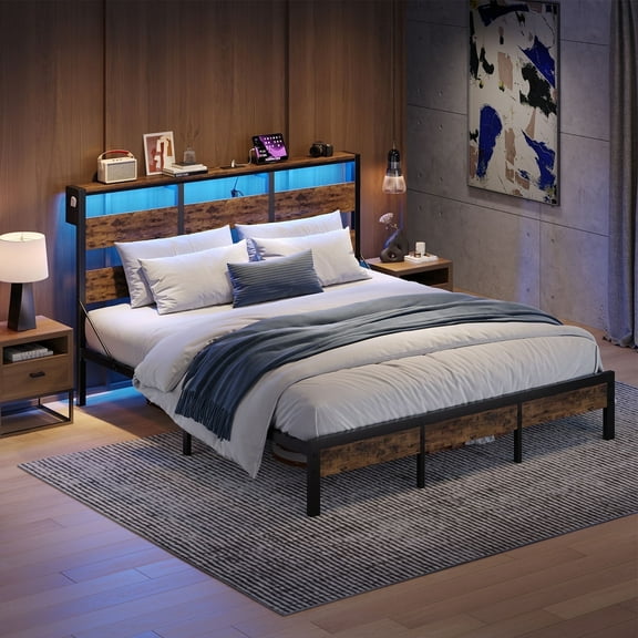 Bestier King Size Platform Bed Frame with Storage Headboard, LED Lights & USB Charging Station, Metal Bed Frame Rustic Brown