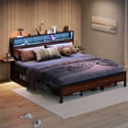 thumbnail image 1 of Bestier King Size Platform Bed Frame with Wood Foldable Bedside Shelves and LED Storage Headboard Charge Station, Walnut, 1 of 9