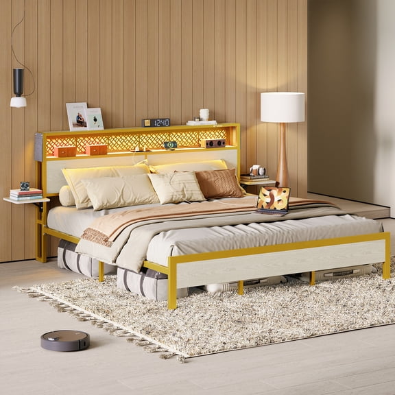 Bestier King Size Platform Bed Frame with Wood Foldable Bedside Shelves and LED Storage Headboard Charge Station, White