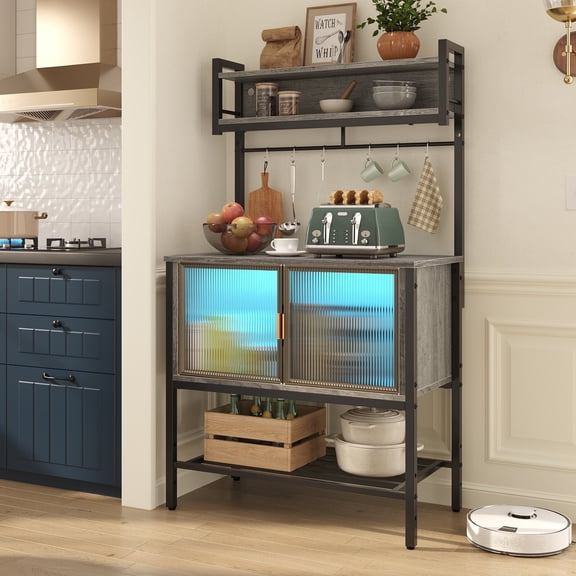 Bestier 59" Coffee Bar Station with Cabinets, 5-Tier Microwave Stand with Storage & LED Lights, Kitchen Bakers Rack in Wash Grey