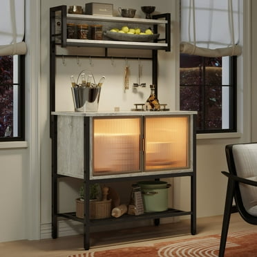 Bestier 59" Coffee Bar Station with Cabinets,  5-Tier Microwave Stand with Storage & LED Lights, Kitchen Bakers Rack in Grey
