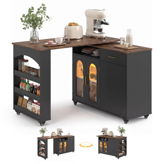 Bestier Kitchen Island with Extendable Dining Table, LED Lighted Rolling Kitchen Island Cart on Wheels with Spice Rack & Drawer & Trash Storage Cabinet , Large Island Table for kitchen, Black