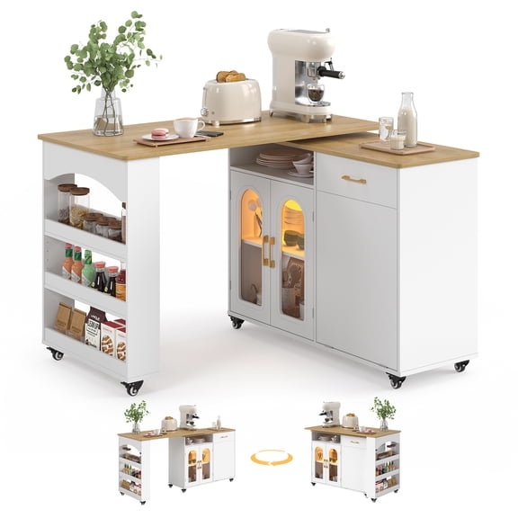 Bestier Kitchen Island with Extendable Dining Table, LED Lighted Rolling Kitchen Island Cart on Wheels with Spice Rack & Drawer & Trash Storage Cabinet , Large Island Table for kitchen, White