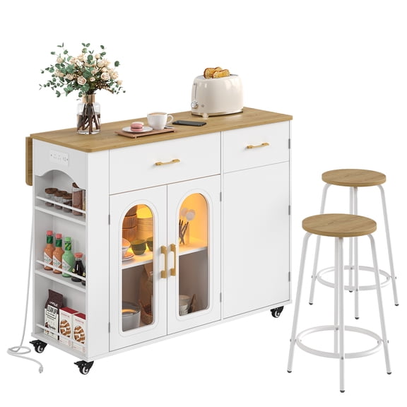Bestier Kitchen Island Set with Storage & 2 Seating Stools, LED Lighted Rolling Island Cart on Wheels with Power Outlet, Spice Rack & Storage Cabinet, Mobile Island Table for Kitchen, White