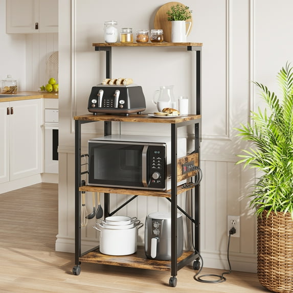 Bestier Kitchen Microwave Stand with Power Outlet, Bakers Rack with Storage, Coffee Bar with 10 S-Hooks, for Spices, Pots and Pan, Rustic Brown