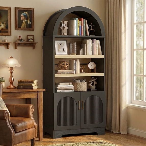 Bestier 71" Tall Kitchen Pantry Storage Cabinet, 4-Tier Arched Bookshelves with 3 Adjustable Shelves & 2 Doors, Display Shelf with Storage for Living Room Home Office, Black