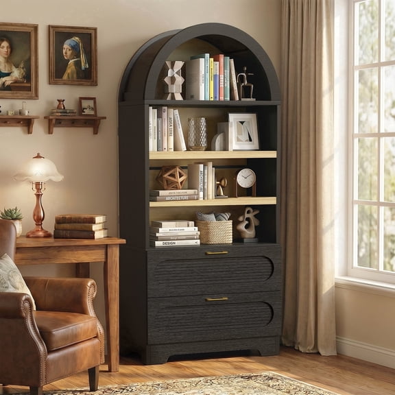 Bestier 71" Modern Bookshelves with 2 Large Drawers & Adjustable Shelves, 4-Tier Arched Pantry Storage Cabinet, Tall Display Bookcase with Storage for Home Office Kitchen, Black
