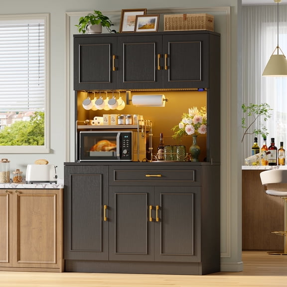 Bestier 70.9" Kitchen Pantry Cabinet with Power Outlet and LED Light, Farmhouse Coffee Bar Cabinet with 6 Hooks, Paper Towel Holder, Drawer and Adjustable Shelves, Black