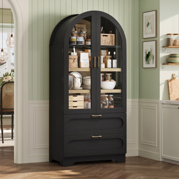 Bestier 71" Arched Pantry Storage Cabinet with Adjustable Shelves, LED Light, Glass Doors and 2 Large Drawers, Farmhouse Display Cupboard for Kitchen, Dining Room, Bathroom, Black