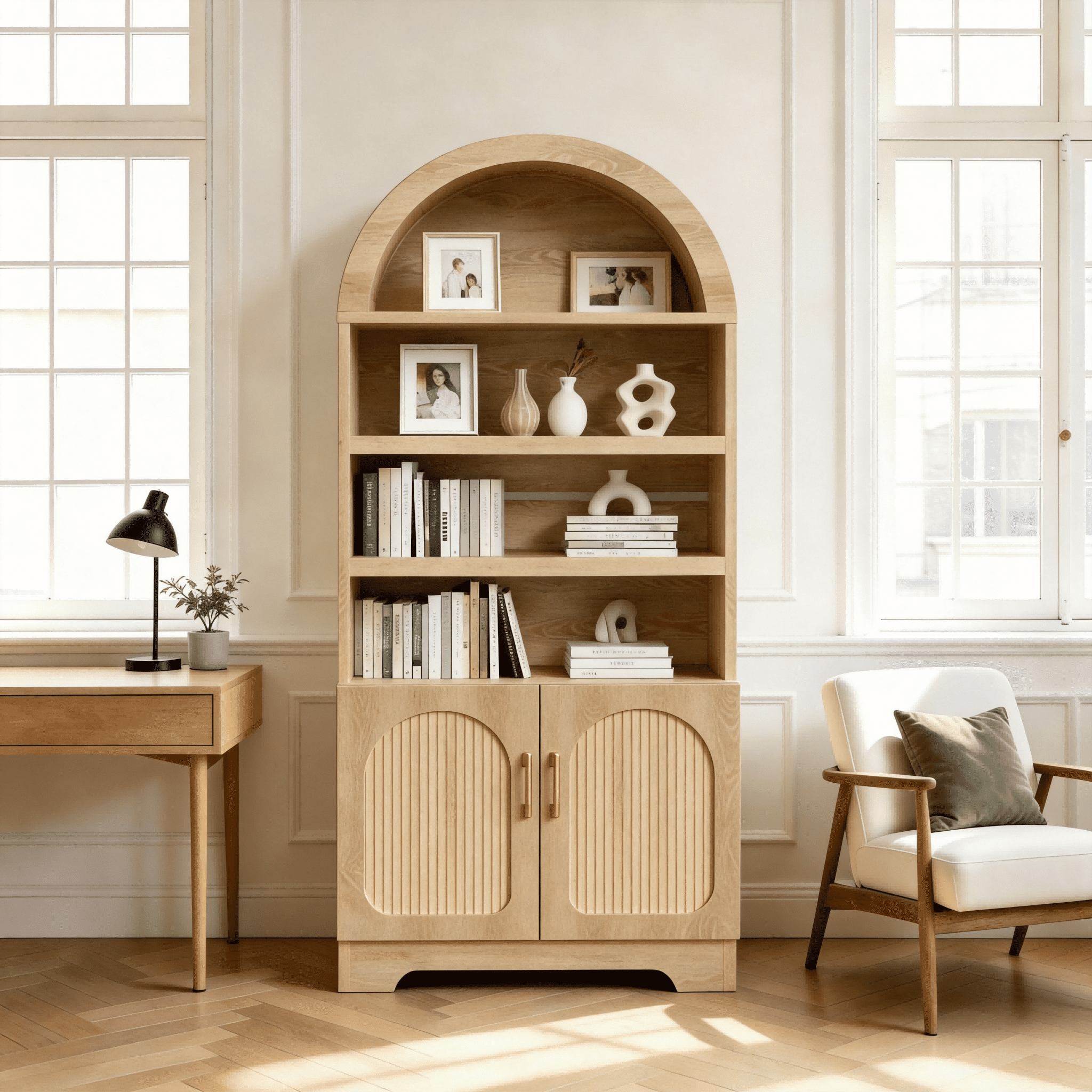 Bestier 4-Tier Arched Bookshelves with 3 Adjustable Shelves & 2 Doors, 71" Tall Kitchen Pantry Storage Cabinet, Display Shelf with Storage for Living Room Home Office, Oak