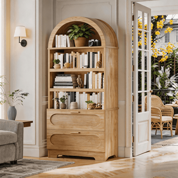 Bestier 71" Bookcase with Drawers, Arched Bookshelf with Adjustable Shelves, 4-Tier Tall Storage Cabinet, Modern Display Shelf with Storage for Living Room Kitchen Pantry, Natural Oak