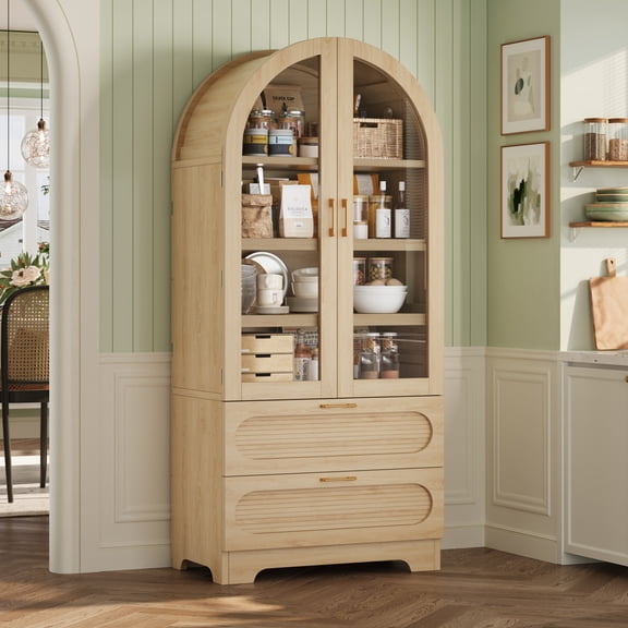 Bestier 71" Arched Pantry Storage Cabinet with Adjustable Shelves, LED Light, Glass Doors and 2 Large Drawers, Farmhouse Display Cupboard for Kitchen, Dining Room, Bathroom, Natrual