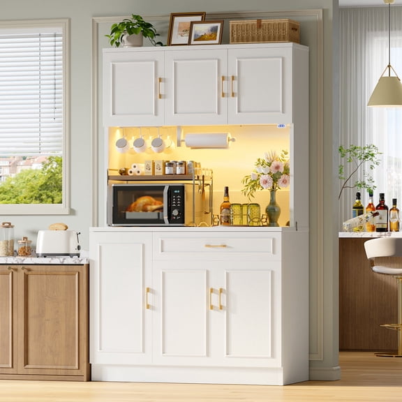 Bestier 71" Kitchen Pantry Cabinet with Charging Station and LED Light, Farmhouse Storage Cabinet with Microwave Shelf, 6 Hooks, Paper Towel Holder, Drawer and Adjustable Shelves, White