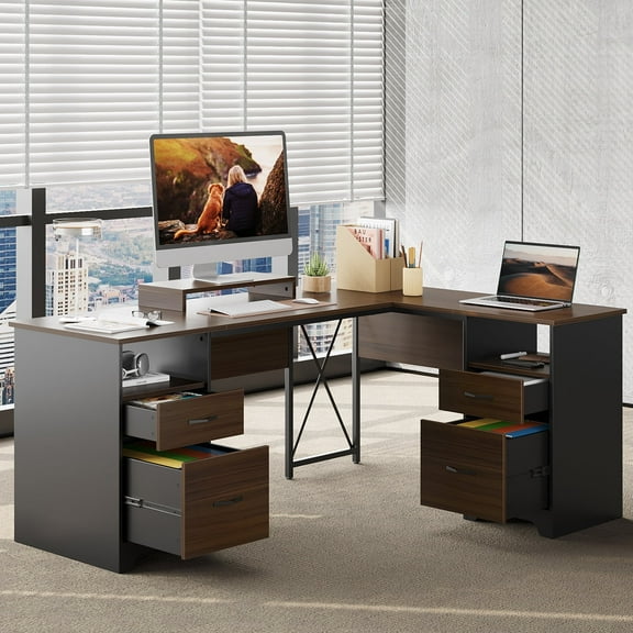 Bestier L Shaped Desk with 4 Drawers, 63" x 47" Executive Office Desk with Monitor Stand, Cherry