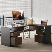 Bestier L Shaped Desk with 4 Drawers, 63 x 47 Executive Office Desk with Monitor Stand, Cherry