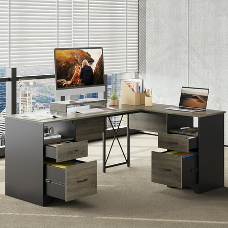 Bestier L Shaped Desk with 4 Drawers, 63" x 47" Executive Office Desk with Monitor Stand, Gray