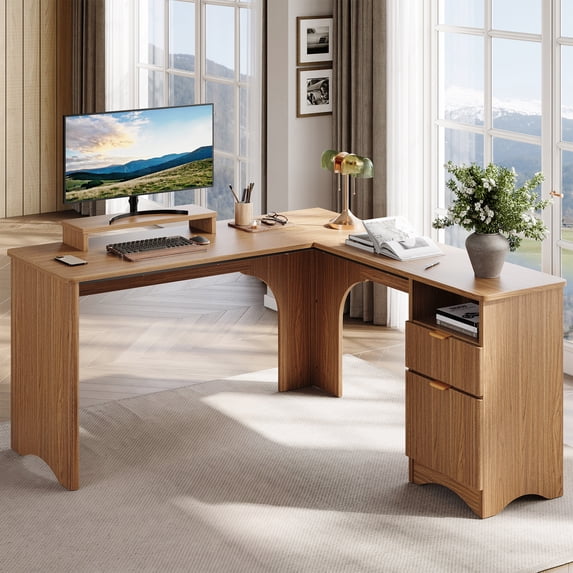 Bestier L Shaped Desk with Drawers, 55.7" x 55" Home Office Computer Desk with Monitor Stand, Round Corners & Fluted Panels, Walnut