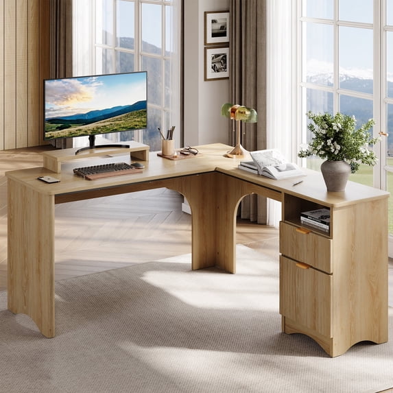 Bestier L Shaped Desk with Drawers, 55.7" x 55" Office Computer Desk with Round Corners, Monitor Stand & Fluted Panels, Natural Oak