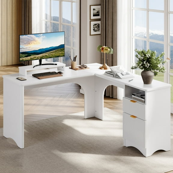 Bestier L Shaped Desk with Drawers, 55.7" x 55" Office Computer Desk with Round Corners, Monitor Stand & Fluted Panels, White