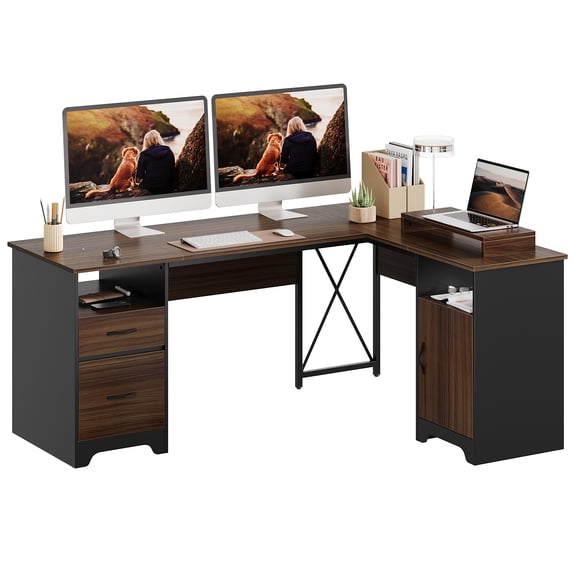 Bestier L Shaped Desk with Drawers 63" Executive Office Computer Desk with Monitor Stand, File Drawers for Home Office, Cherry