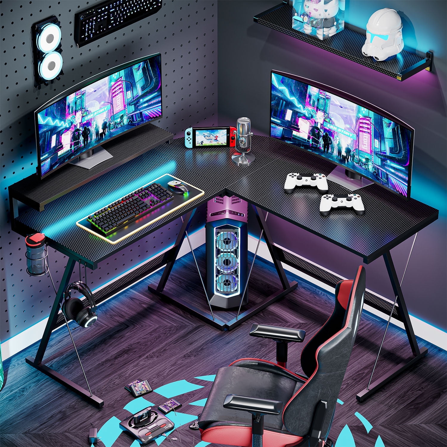 Bestier Carbon Fiber L Shaped Gaming Computer Desk with Removable Monitor Stand Black Walmart