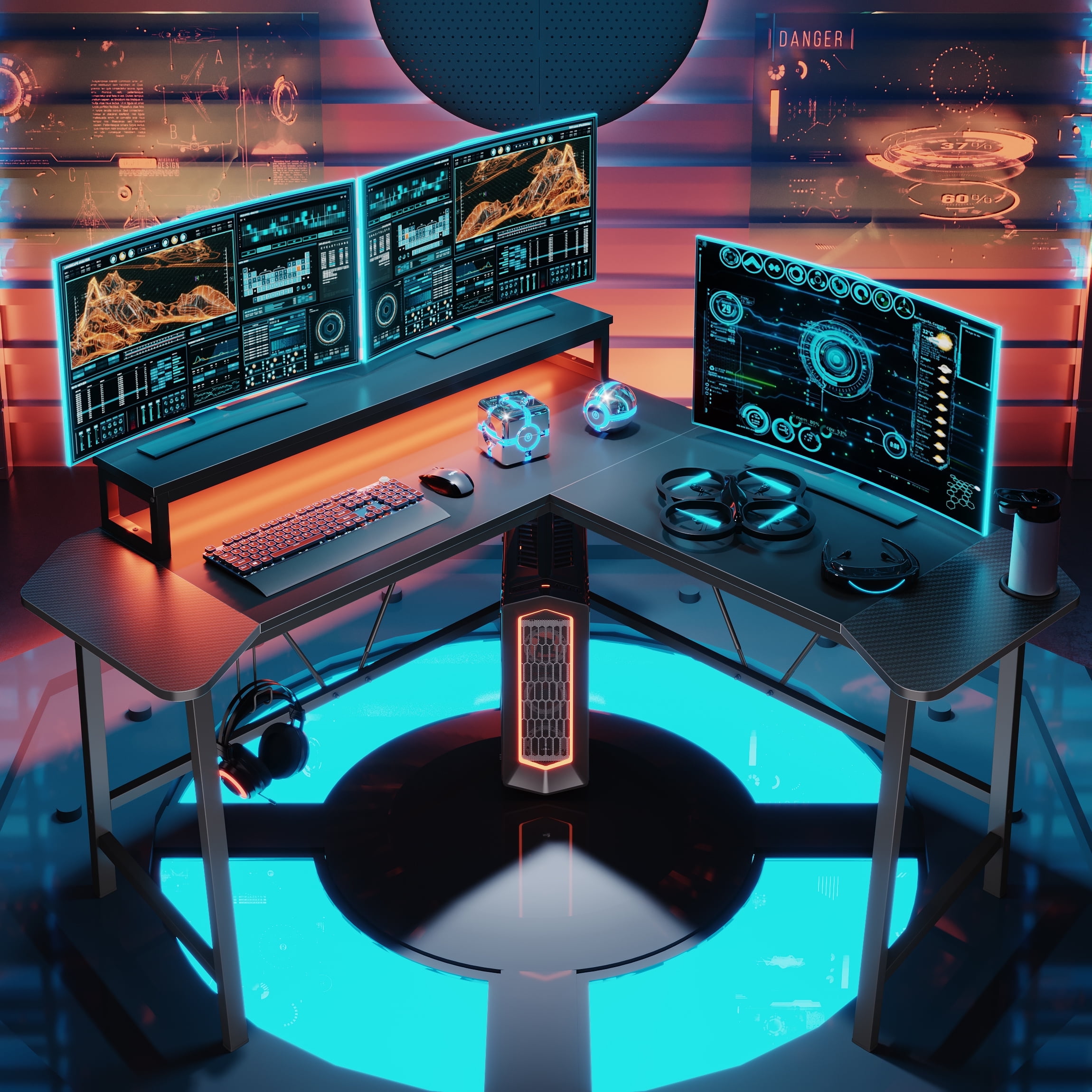Bestier L-Shaped Gaming Desk 57 Inch Corner Computer Desk with LED Lights & Monitor Riser, Black