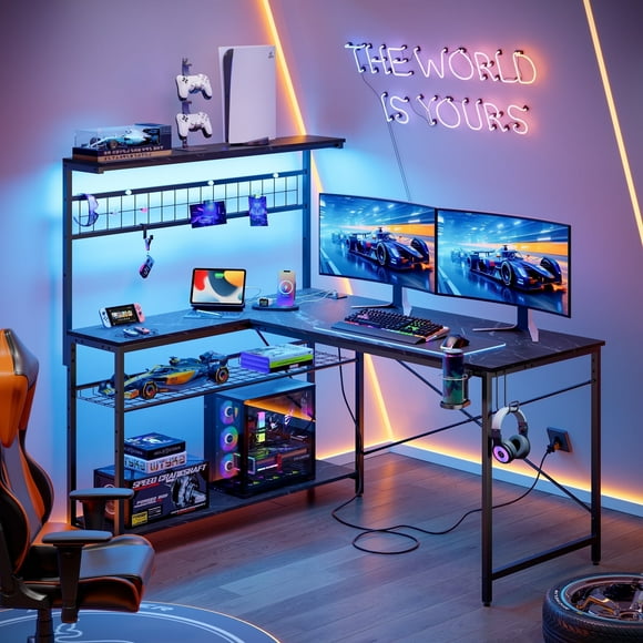 Bestier 51 L Shaped Gaming Desk with Power Outlets, LED Workstation with 4 Tiers Shelves for Home Office, Gamer Reversible Table with Hooks and Cup Holder, Black Marble