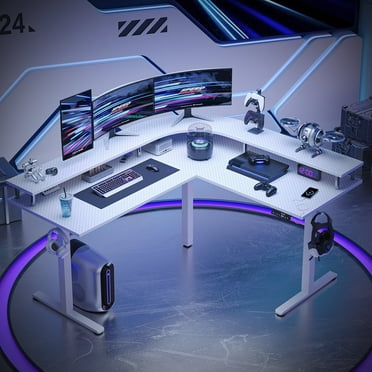 Bestier L-Shaped Standing Desk 63" x 55" Height Adjustable Electric Sit Stand Up Computer Desk Dual Motor with Monitor Stand in Carbon Fiber White