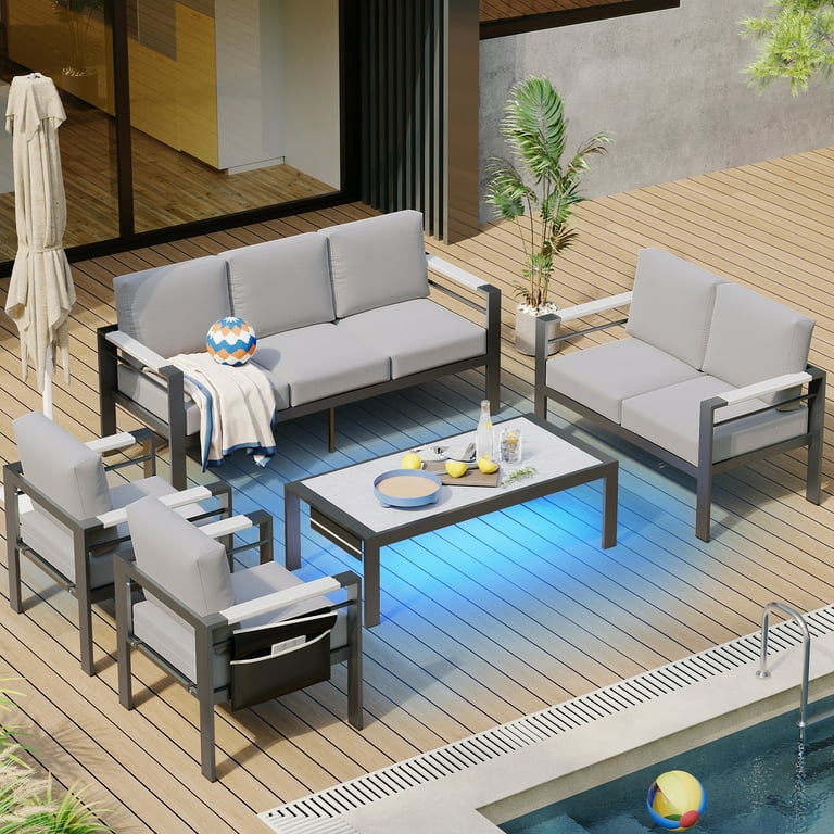 Bestier LED Aluminum 7 Seat Outdoor Living Couch Set Patio Conversation Furniture for Balcony Backyard Gray Walmart