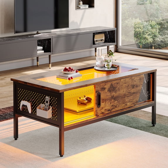 Bestier LED Coffee Table with Glass Top for Living Room, Center Tea Table with Storage in Rustic