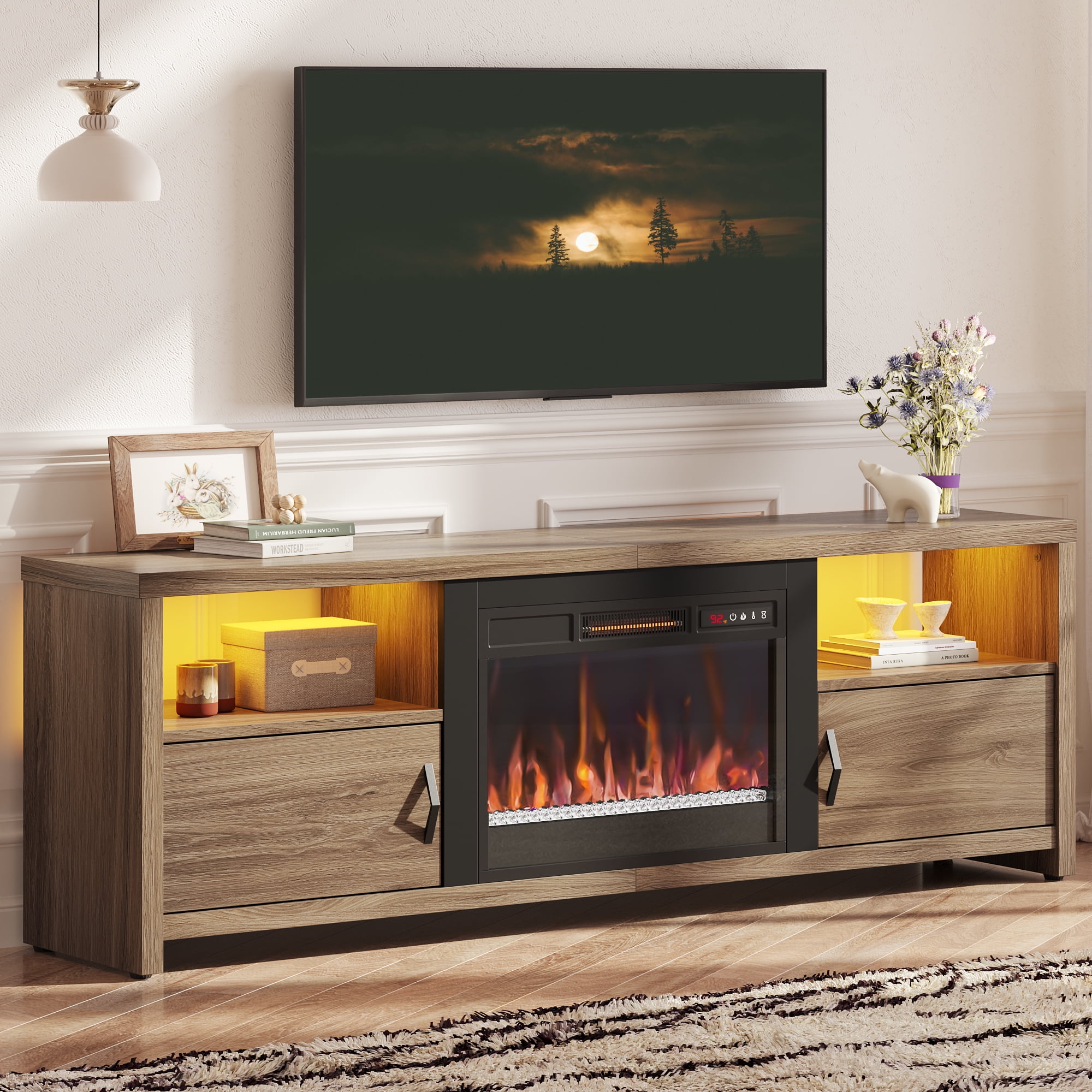 Bestier LED Electric Fireplace TV Stand with Crystal Fireplace & 7