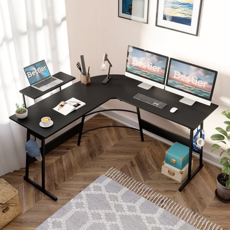 Bestier 51" Adult Gaming Desk L-Shaped Computer Desk with Monitor Shelf, 50.79" x 50.79", Carbon Fiber Black, 1 Count, 1 Pack