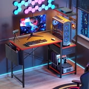 Bestier LED Gaming Desk with Drawer, 44 Computer Desk with Reversible Shelves, PC Gamer Desk with Side Storage Bag, Hooks and Height Adjustable Shelf for Home Office, Red