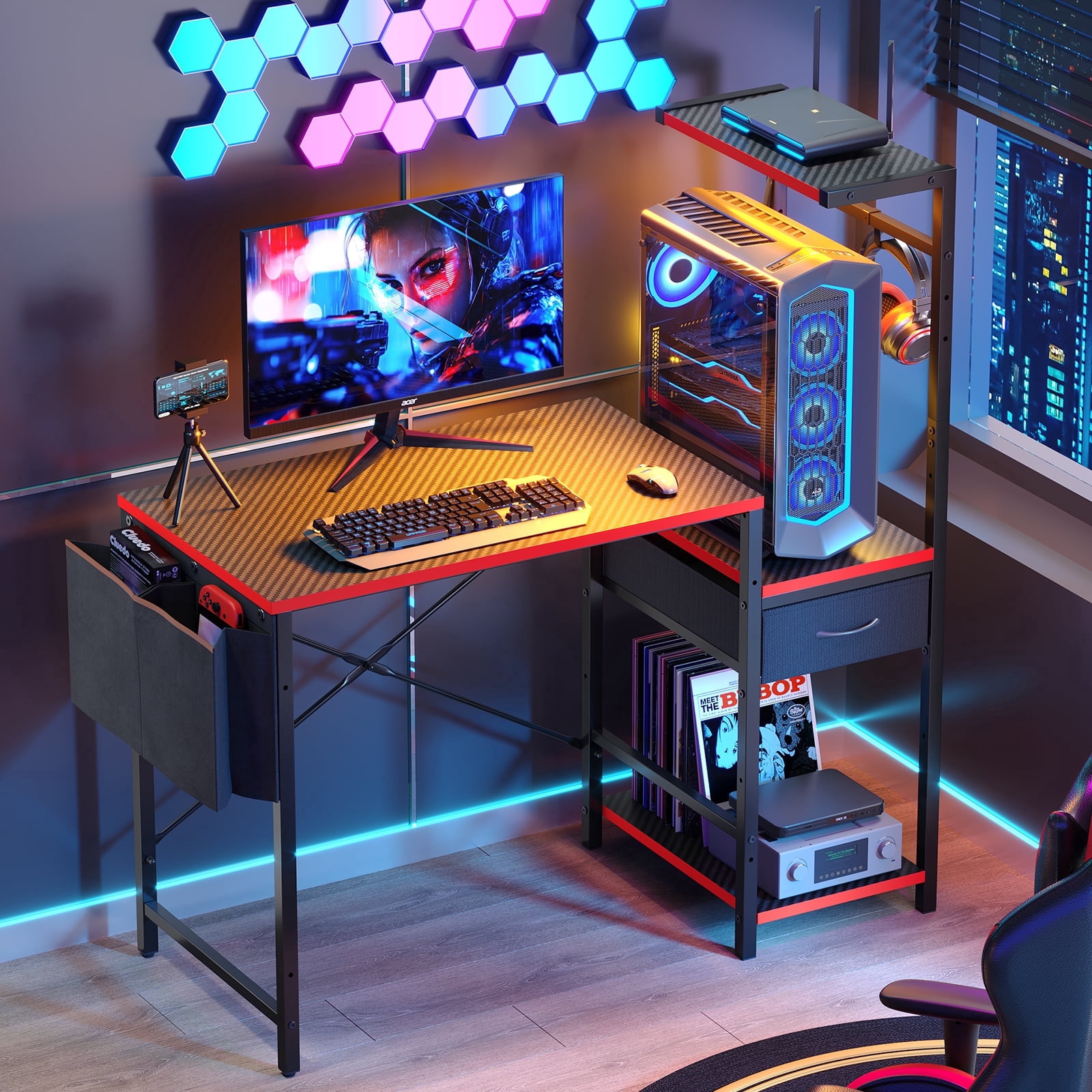 Bestier LED Gaming Desk with Drawer, 44'' Computer Desk with Reversible Shelves, PC Gamer Desk with Side Storage Bag, Hooks and Height Adjustable Shelf for Home Office, Red
