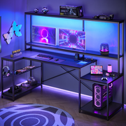 Bestier LED Gaming Desk with Hutch, 71.5 inch L Shaped Computer Desk with Power Outlets, Carbon Fiber Black