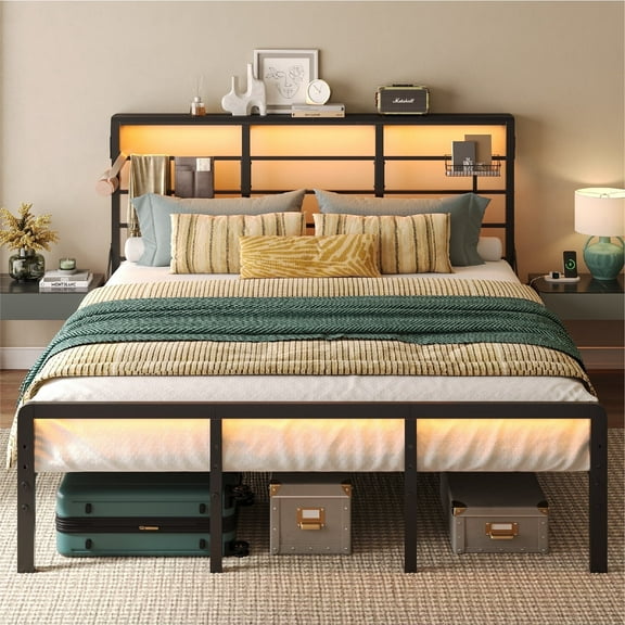 Bestier LED King Size Bed Frame with Headboard & Charging Station, Metal Platform Bed with 15.7'' Large Under Bed Storage, Black