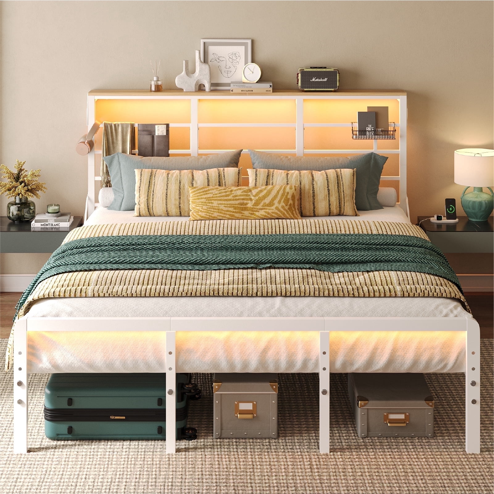 Bestier LED King Size Bed Frame with Headboard & Charging Station, Metal Platform Bed with 15.7'' Large Under Bed Storage, White