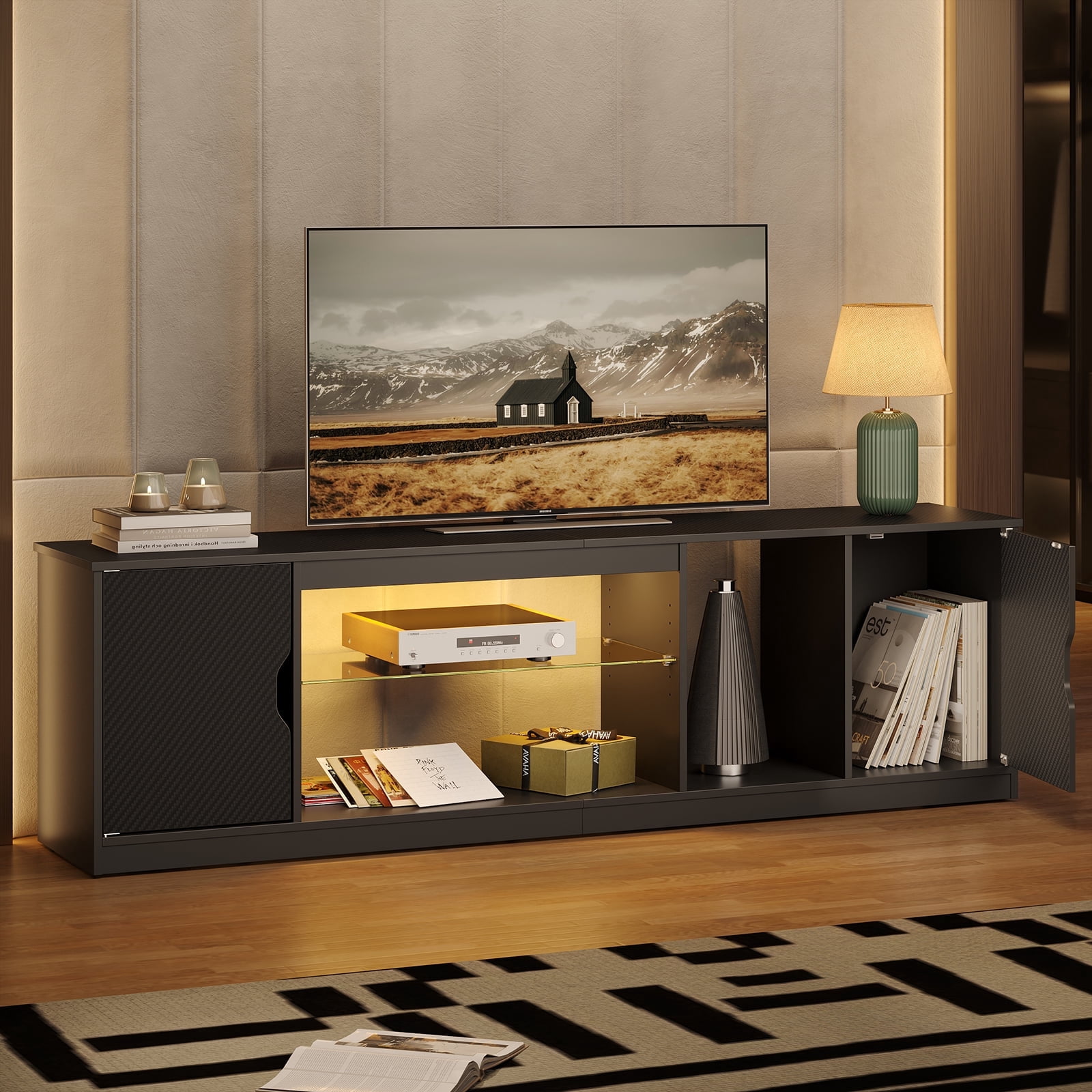 Bestier LED TV Stand for 75 in TVs, Gaming Entertainment Center with Storage for PS5, Adjustable Glass Shelf TV stand for Living Room, Black