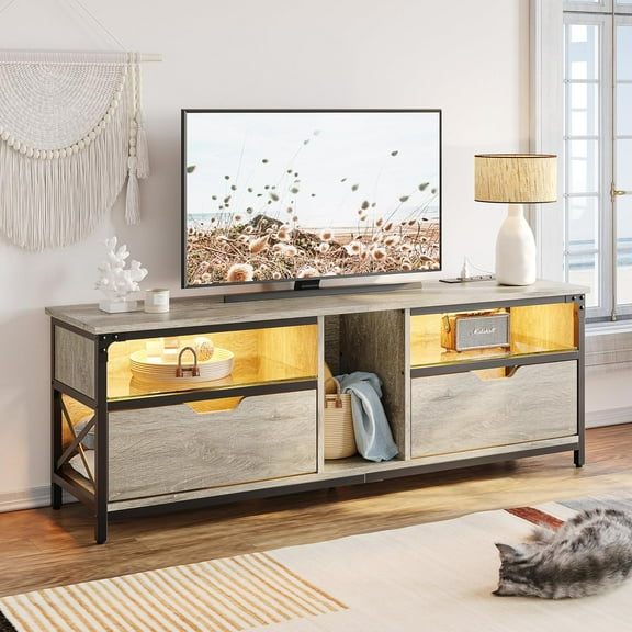 Bestier LED TV Stand for PS5 with Power Outlet and RGB Lights for 70 Inches TV, Modern Entertainment Center with Storage, TV Console with Glass Shelves Retro Grey Oak-Light