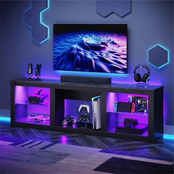Bestier LED TV Stand for TVs up to 75'', Modern Entertainment Center with Remote Controlled RGB Lights, Adjustable Glass Shelves & Open Storage, Media Console for Living Room, Black