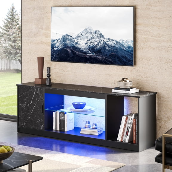 Bestier LED TV Stand for 60/65 inch TV PS5 Gaming Entertainment Center for TVs with Storage Cabinet for Living Room, Black Marble