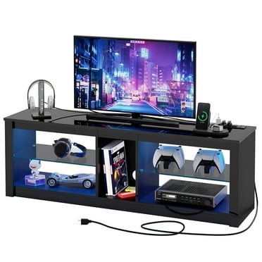 Bestier 55 Inch TV Stand with LED Lights,High Gloss Entertainment Center Cabinet for Bedroom and Living Room,with Built-in Storage,  Black