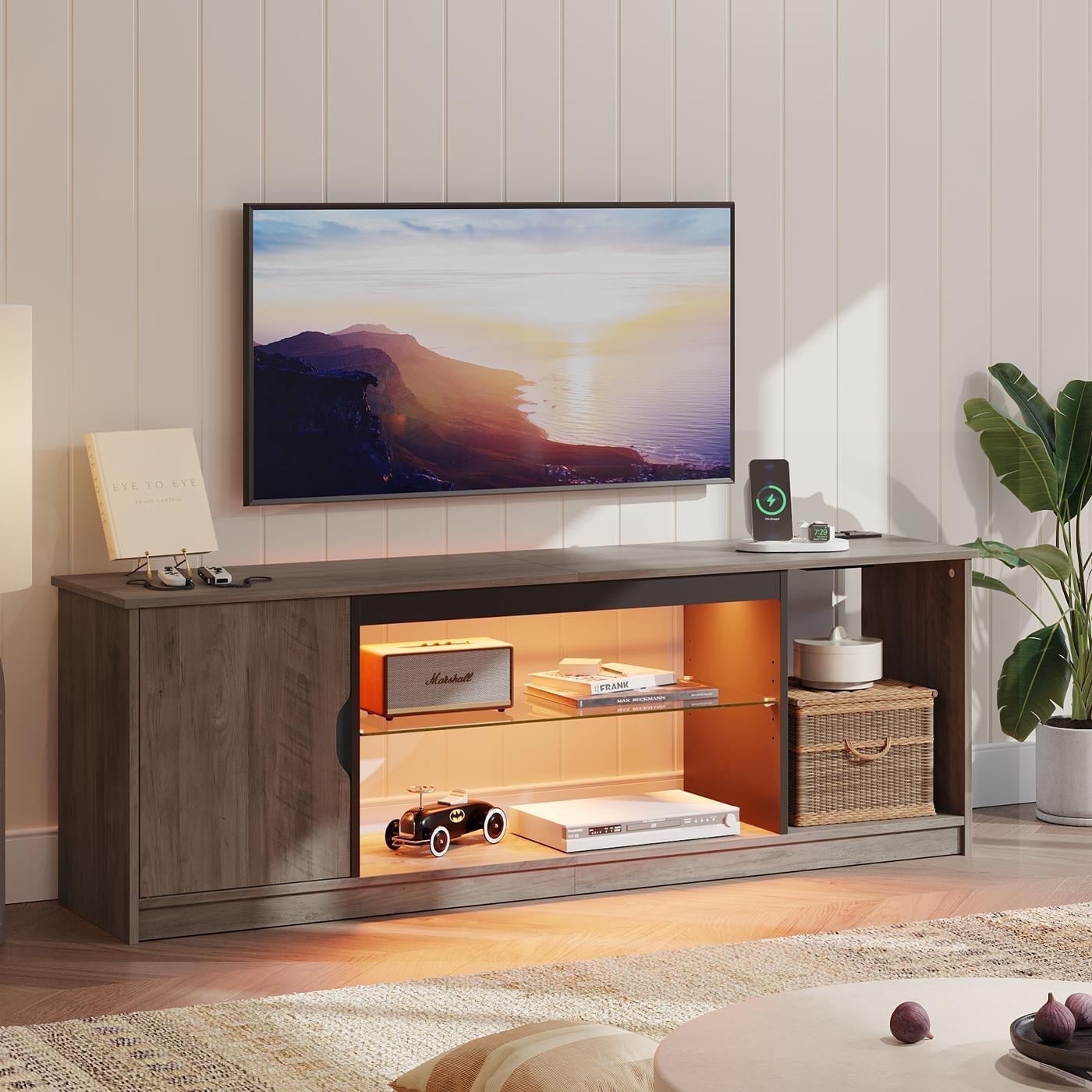 Bestier LED TV Stand for TVs up to 65", Entertainment Center with Power Outlet & Storage Cabinet, Wash Grey