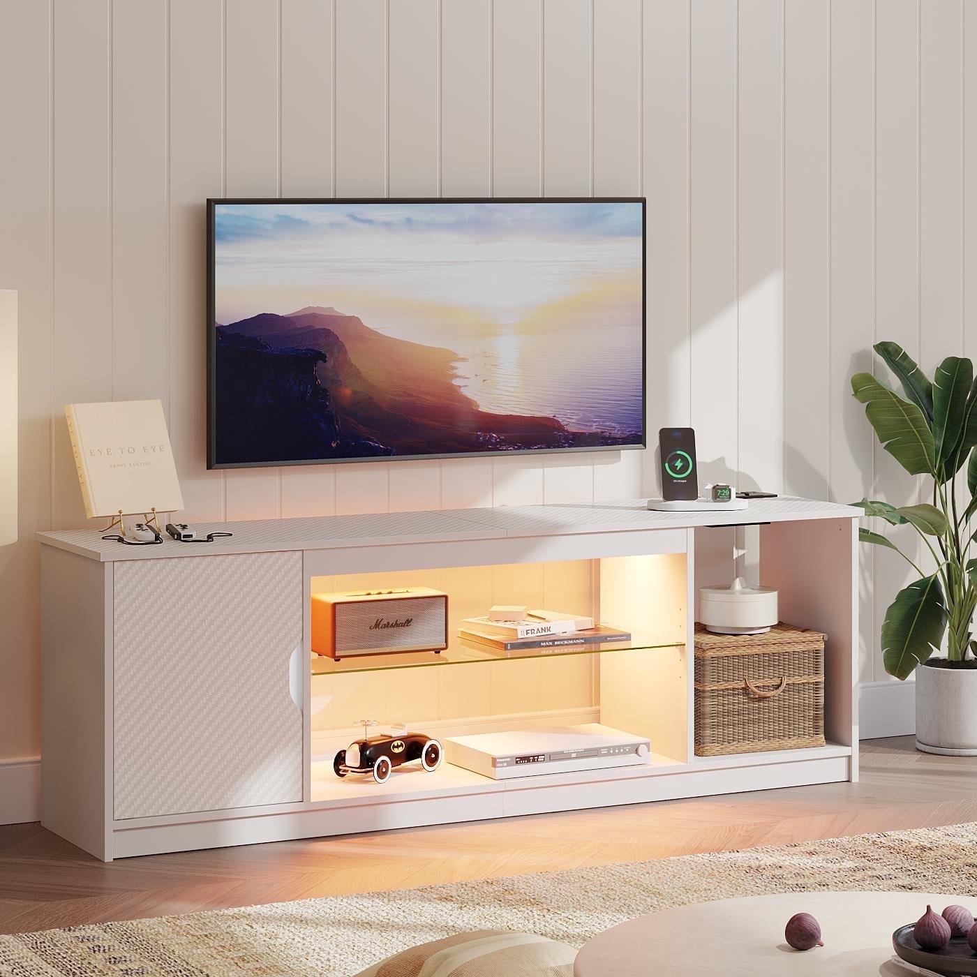 Bestier LED TV Stand for TVs up to 65", Entertainment Center with Power Outlet & Storage Cabinet, White