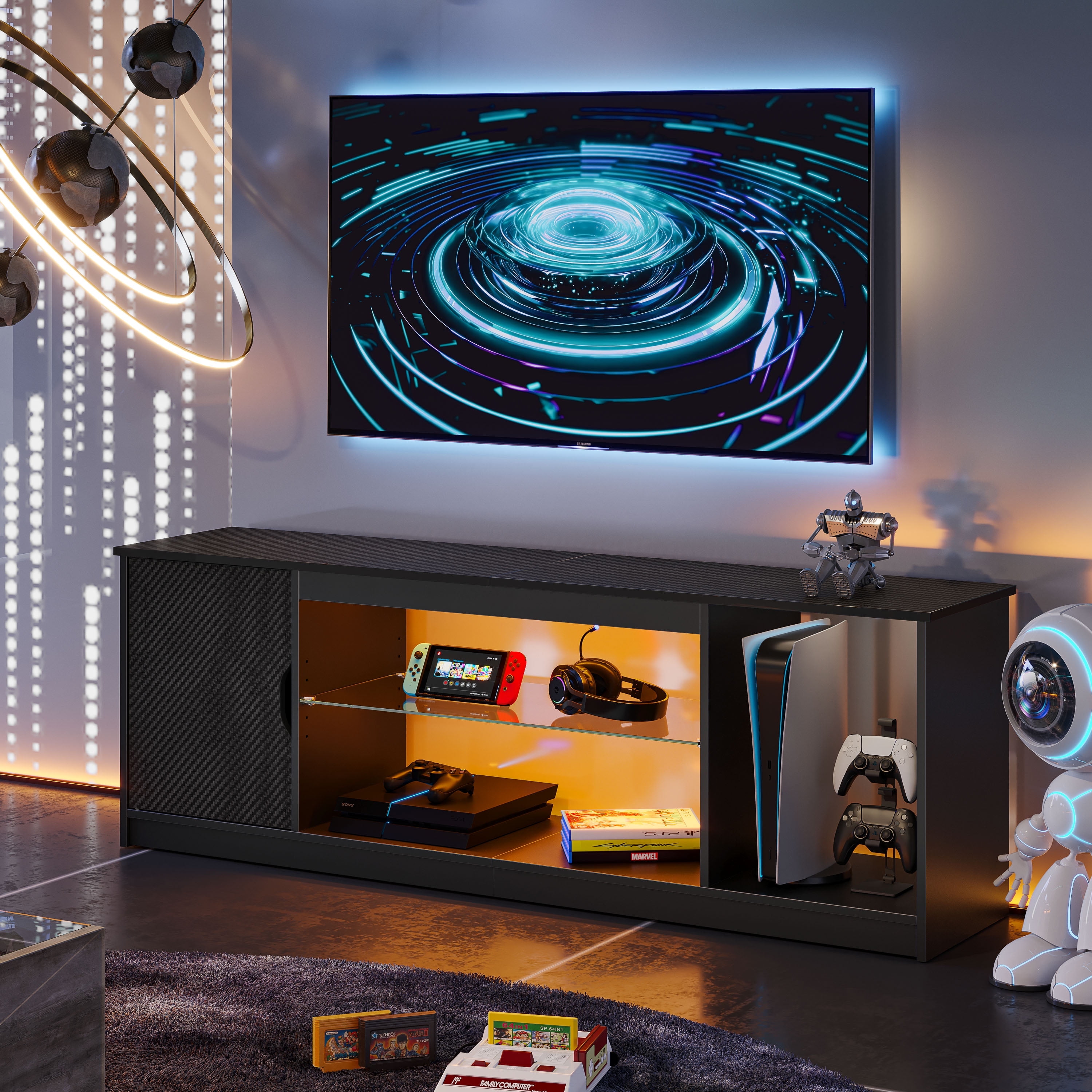 Bestier 58 LED TV Stand for 60 65 inch TV Gaming Entertainment Center for PS5 with Glass Shelf Carbon Fiber