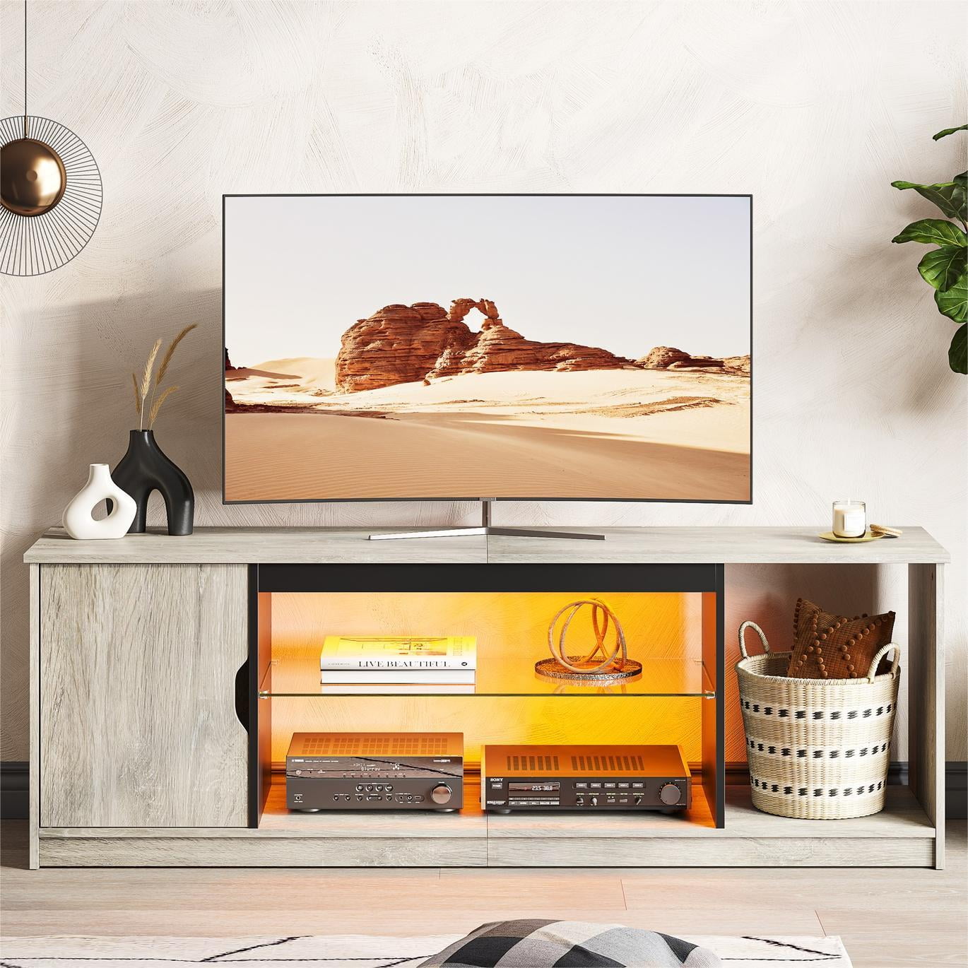 Meuble TV LED Bestier 148cm - Pour TV 55-65" - Armoire PS5, Étagères Verre - Fibre Carbone Noir