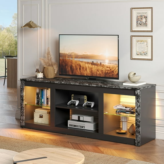 Bestier LED TV Stand for TVs up to 70", Entertainment Center with Storage Shelves, Black Marble