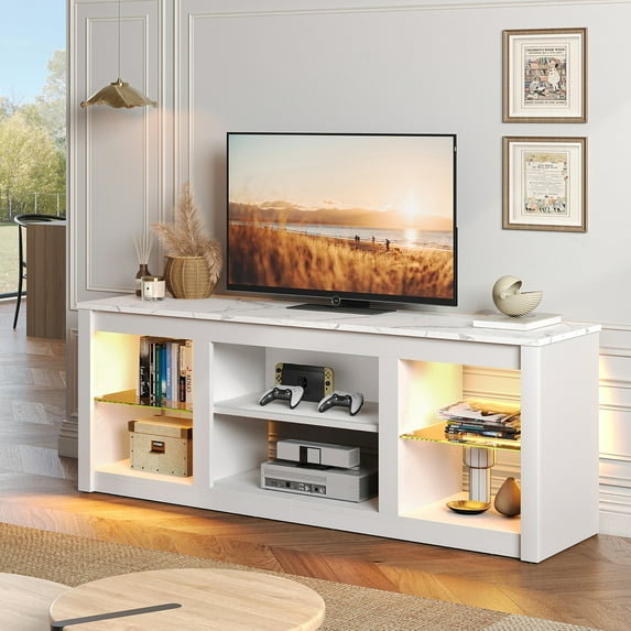 Bestier LED TV Stand for TVs up to 70", Entertainment Center with Storage Shelves, White Marble